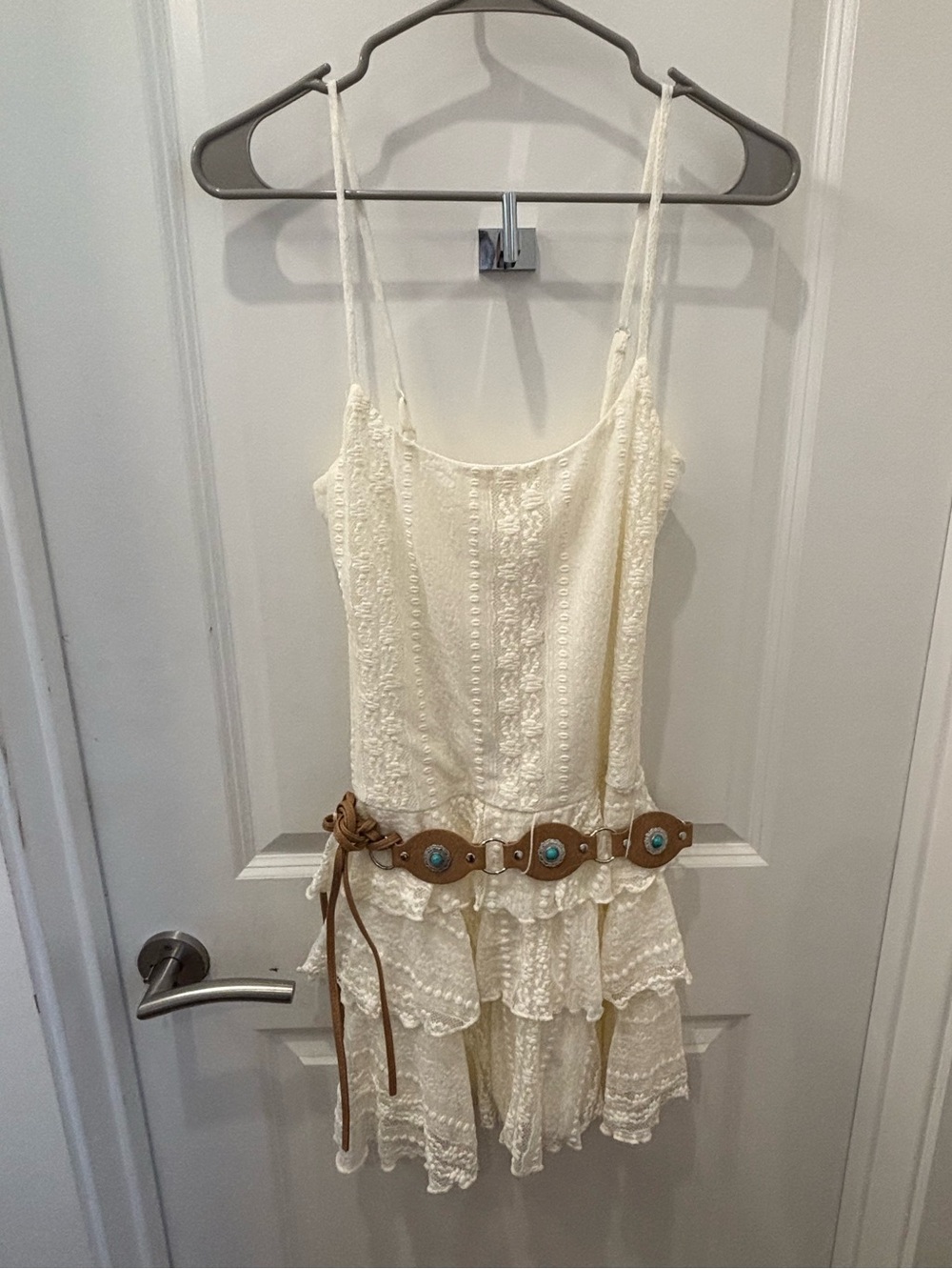 NWT Thirty Thirty Cream Lace Tiered mini dress & Boho Turquoise Belt- S